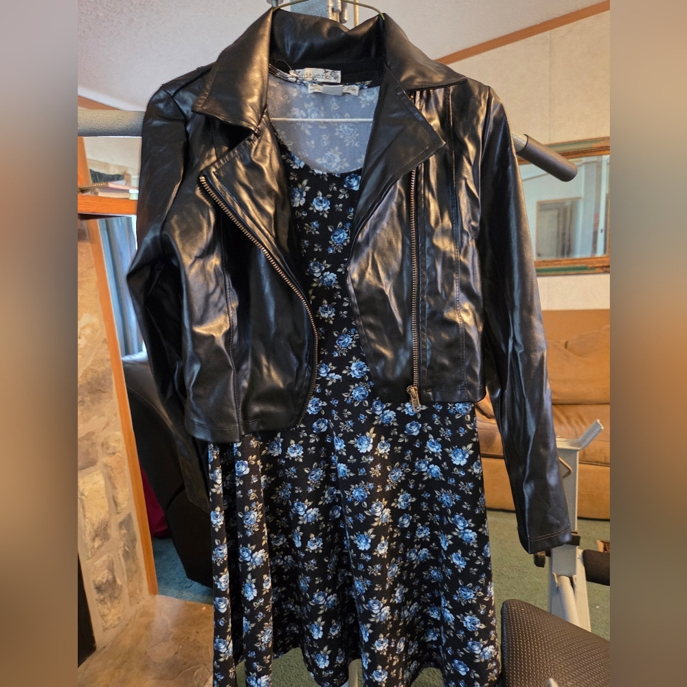Black Floral Girls Dress With Faux Leather Jacket